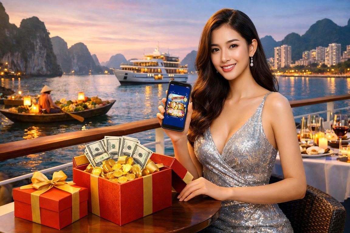 Người dùng tại vịnh Hạ Long truy cập casino trên điện thoại di động